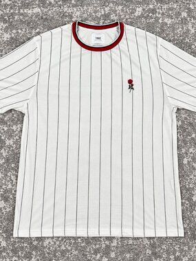 1992 Pinstripe Rose White Ringer T-Shirt Red Black Blokecore Streetwear